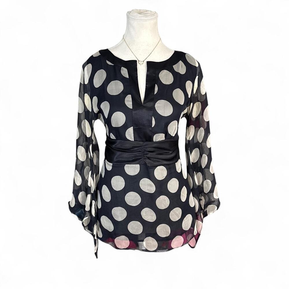 Carole Little black & white polka dot 100% silk blouse sleeves tie waist size S